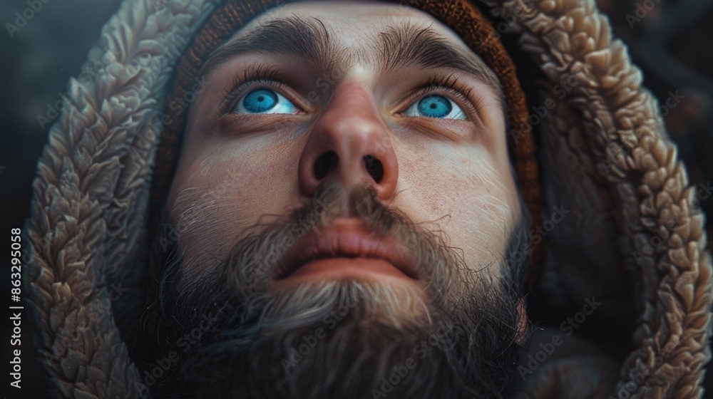 Poster a person with a long beard and a hoodie walking or standing, suitable for various scenarios