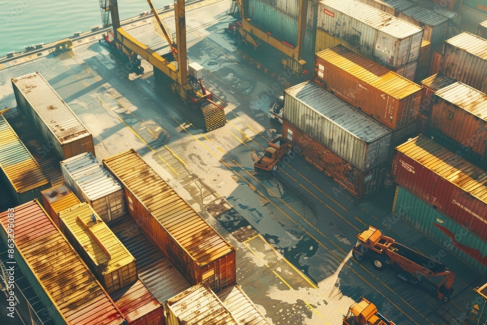 Leinwandbilder Aerial view of a large container dock with many containers stacked high