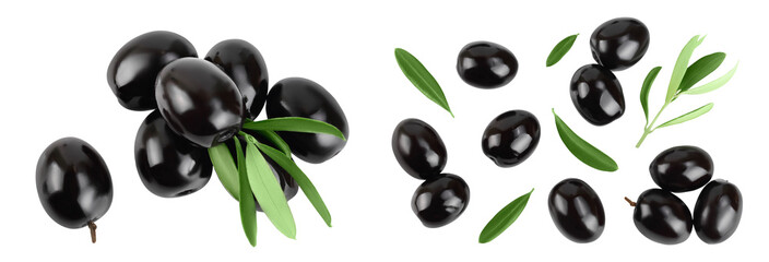 Black olives with leaves isolated on a white background with full depth of field. Top view. Flat lay