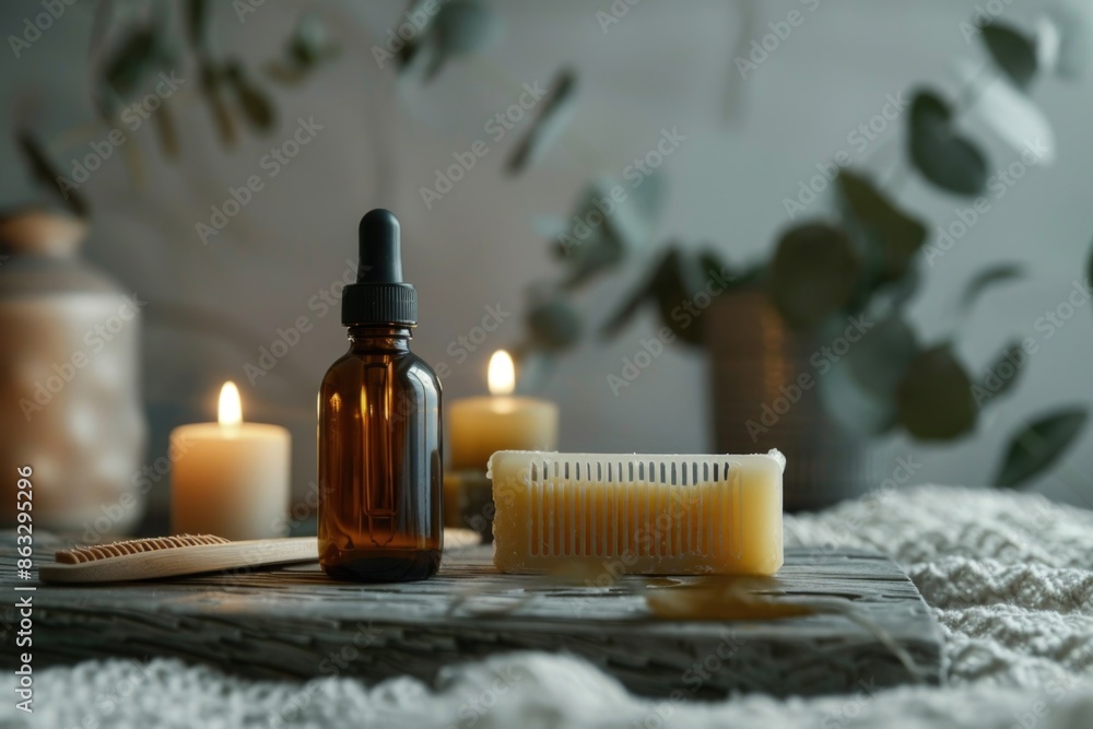 Aufkleber A wooden table with a bottle of liquid and a comb placed on top, suitable for use in various settings such as still life photography or product presentation
