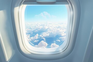 A view of the sky through an airplane window with clouds and sunlight