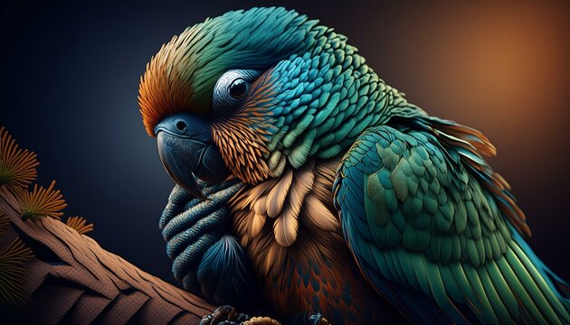 A Dusky Conure preening its feathers, its soft green and blue plumage detailed against a plain backdrop to highlight the bird’s grooming behavior and gentle colors.