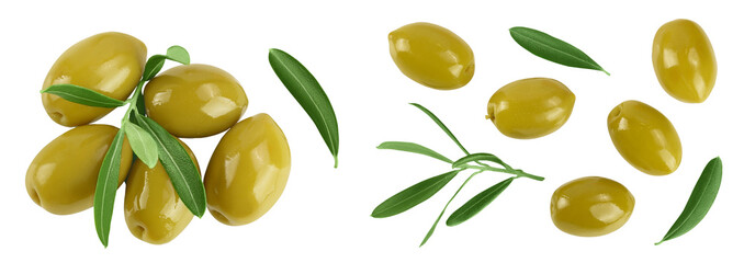Green olives with leaves isolated on a white background with full depth of field. Top view. Flat lay