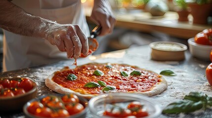 Chef Preparing Fresh Homemade Pizza with Tomato and Basil Toppings