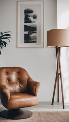 Armchair and wooden side table near white wall with round accent wall decor Interior design