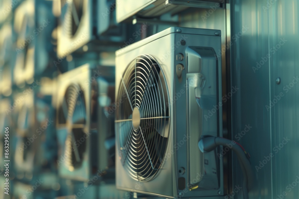 Poster wall-mounted air conditioners in a row, providing cooling for various spaces