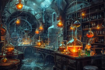 A dark and eerie laboratory with bubbling potions, strange scientific instruments, and an overall mad scientist vibe perfect for Halloween