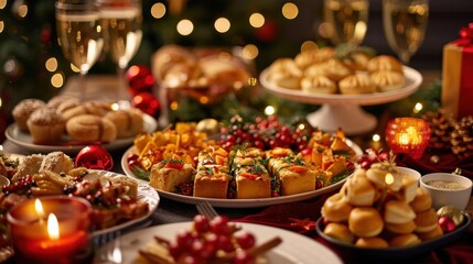 A festive Christmas meal is served on a table adorned with holiday decorations and lit candles, featuring a variety of dishes and desserts.