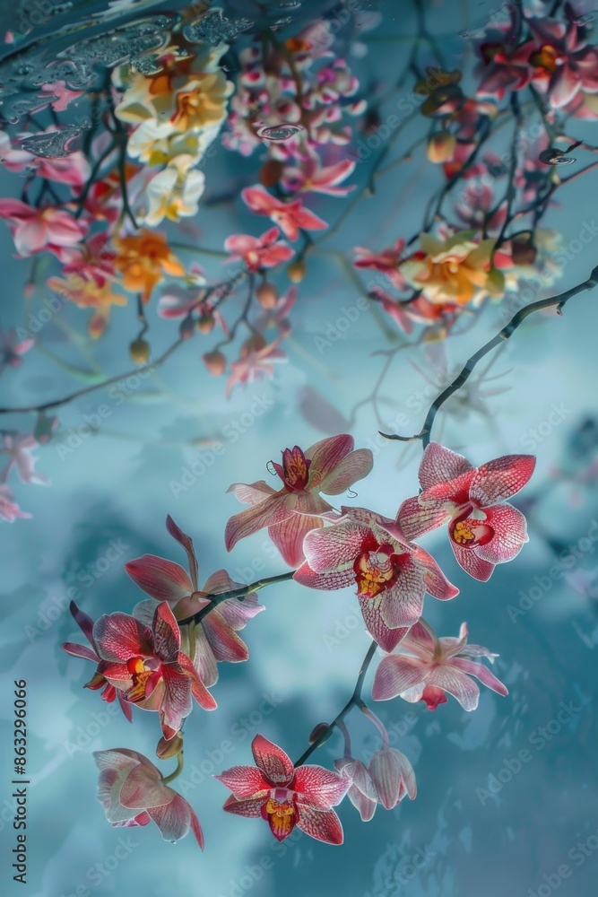 Poster A close-up shot of a cluster of flowers growing on a tree branch, perfect for use in floral arrangements or as a decorative element