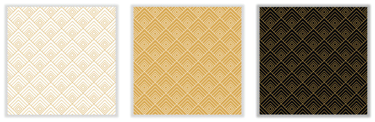Geometric seamless abstract patterns. White black gold elegant ornamental trendy minimal repetition background.