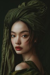 A woman wearing a distinctive green turban, possibly cultural or traditional attire