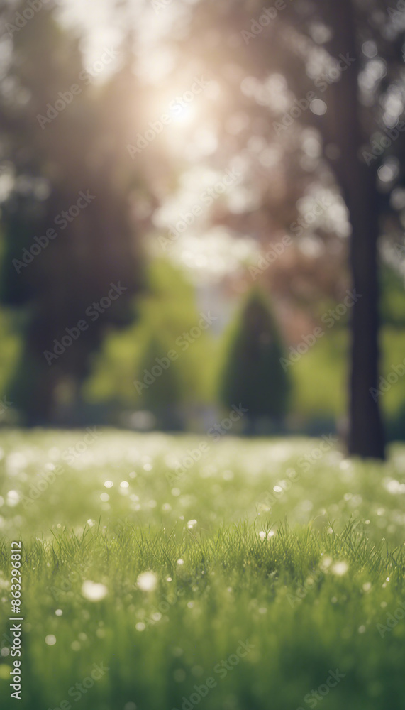 Poster beautiful blurred background image of spring nature with a neatly trimmed lawn surrounded by trees