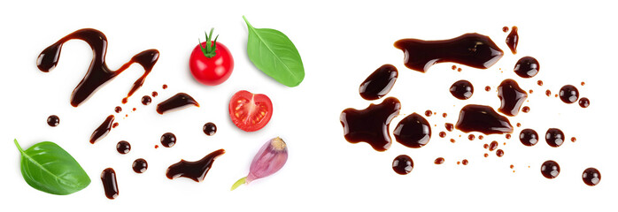 Balsamic vinegar with tomato, basil, garlic isolated on white background. Top view. Flat lay