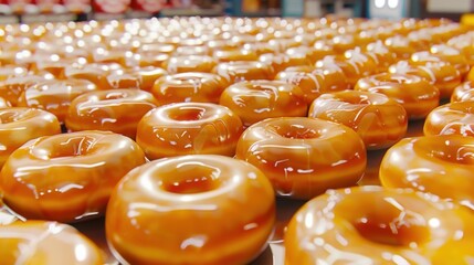 A large number of glazed donuts are placed in a well-organized manner. Glossy and smooth, the donuts have a shiny, appealing finish.
