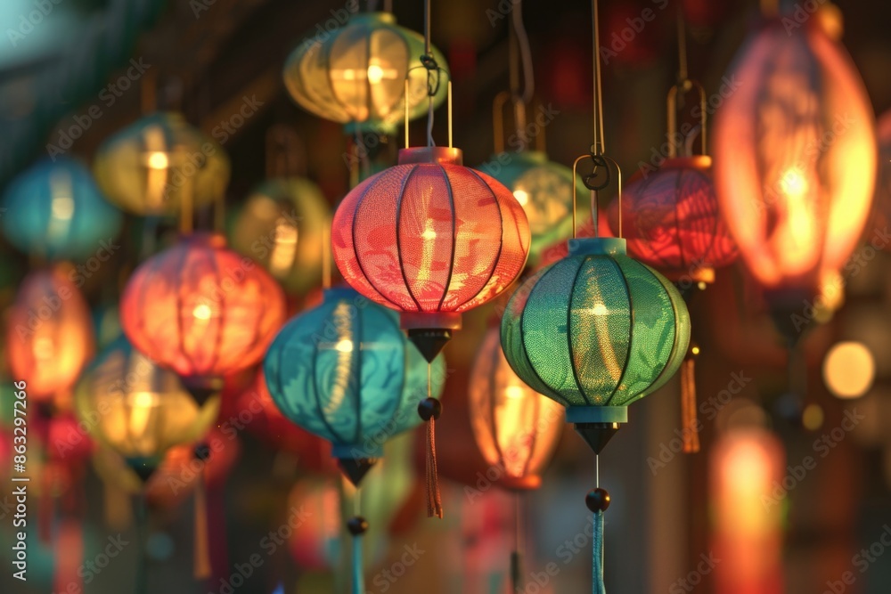 Poster a cluster of vibrant lanterns suspended from a ceiling, perfect for decorating parties or special ev