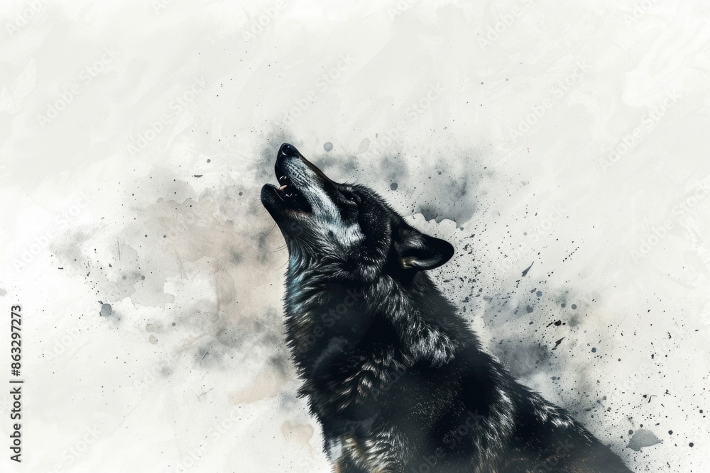 Poster a close-up view of a wolf's face with its mouth open, revealing its teeth and tongue
