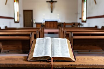An open Holy Bible with glowing lights in a church, focusing on the scripture with wooden pews and a cross in the background.