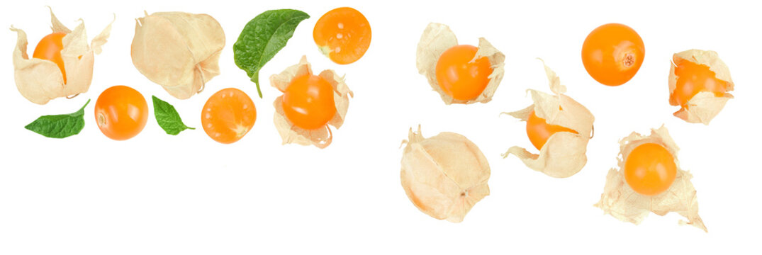 Cape gooseberry or physalis isolated on white background. Top view with copy space for your text. Flat lay