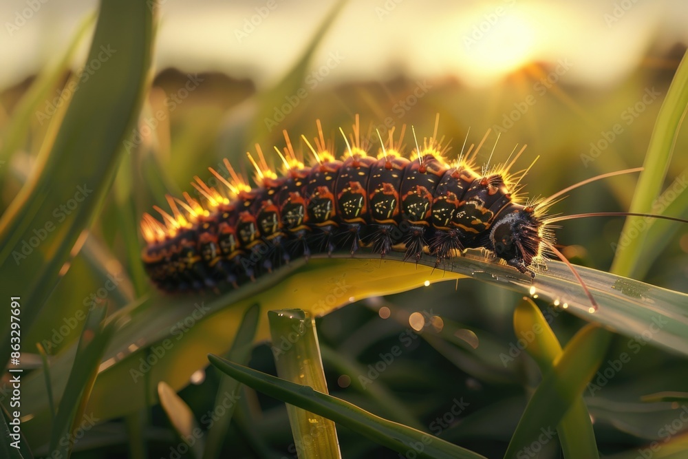 Poster a close-up view of a caterpillar sitting on a leaf, ready to start its transformation into a butterf