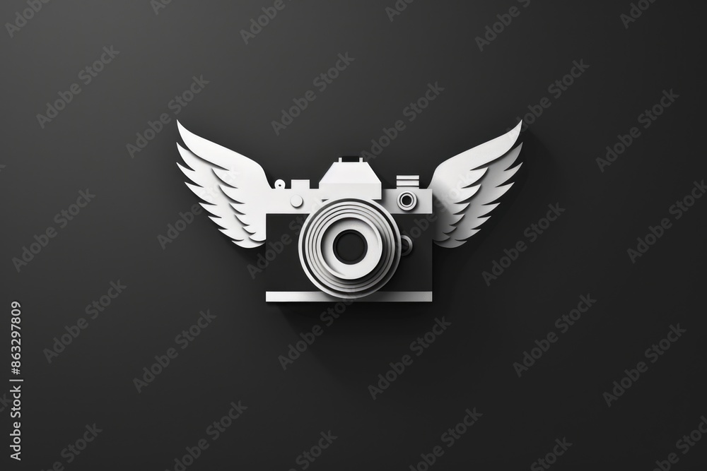 Poster a camera with wings on a dark background, suitable for fantasy or science fiction concepts