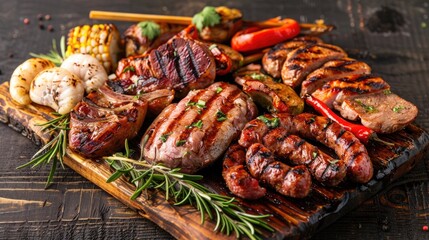 Grilled assorted meats and veggies on wooden platter
