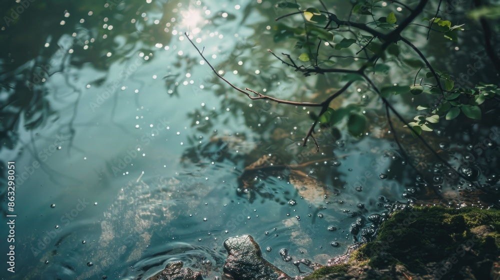 Poster a small stream flowing through a forest, surrounded by tall trees