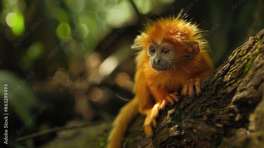 Poster a small monkey sits comfortably at the top of a tree, looking out at its surroundings