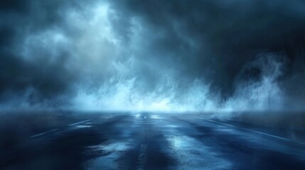 A dark, empty street with a dark blue background enveloped in fog and lit by a mysterious blue glow, creating an eerie atmosphere.