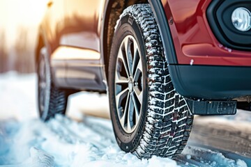Side view of an orange car with winter tires on a snowy road during sunset.