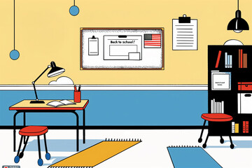 A colorful vector illustration depicting a back to school classroom scene with a desk, lamp, books, and a bookshelf.