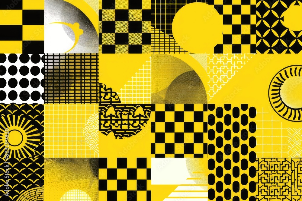 Poster a close-up of various geometric shapes such as squares and circles in bright yellow and black colors