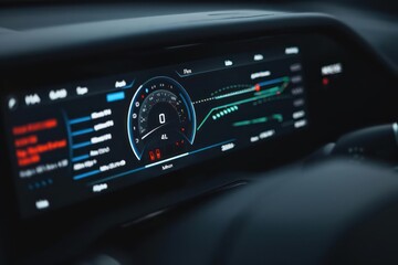 Closeup of a flying cars digital dashboard displaying altitude and speed, with copy space