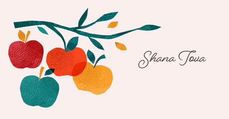 Rosh Hashanah, Rosh Hashana, Jewish New Year. Hand Drawn illustrations, vector design. Apples and pomegranate, Jewish New Year symbols and icons