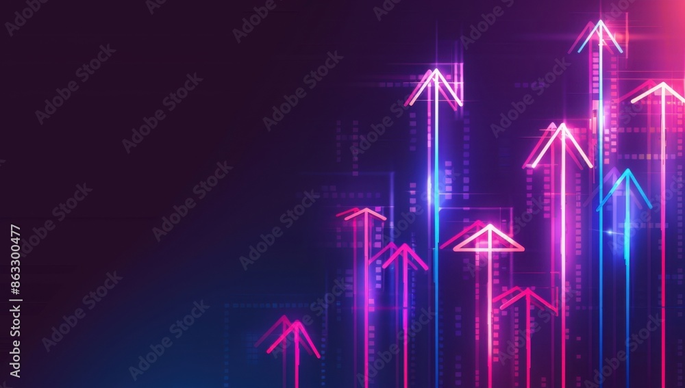 Poster abstract background with glowing neon arrows pointing upwards, representing growth and success in bu
