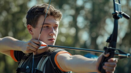 Man athlete shooting archery at target. Concept sports archery.