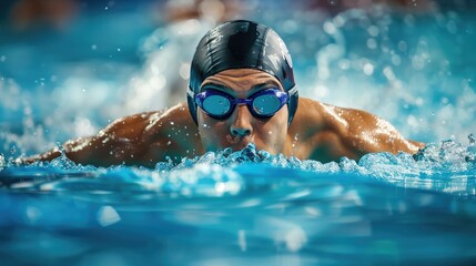 Male athlete swimmer wearing swimming goggles swimming in a pool. Concept of sports swimming  