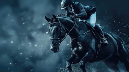 Fototapeta premium The rider on the black horse is engaged in equestrian sports. Sport content