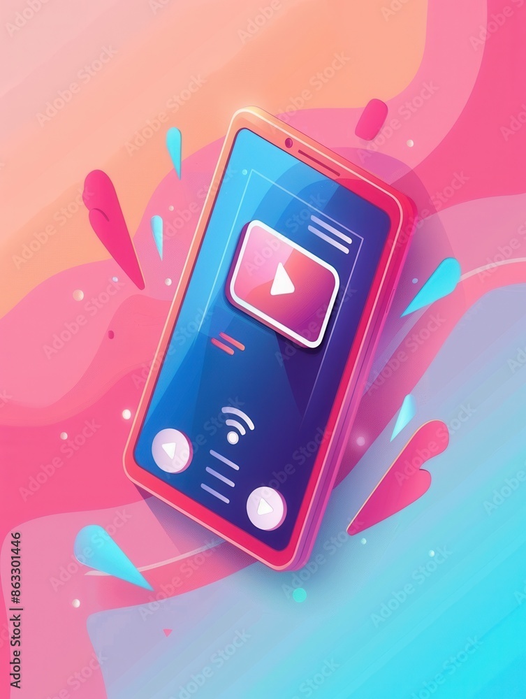 Poster a smartphone showing a video streaming app with a dynamic background and play button, ideal for stre