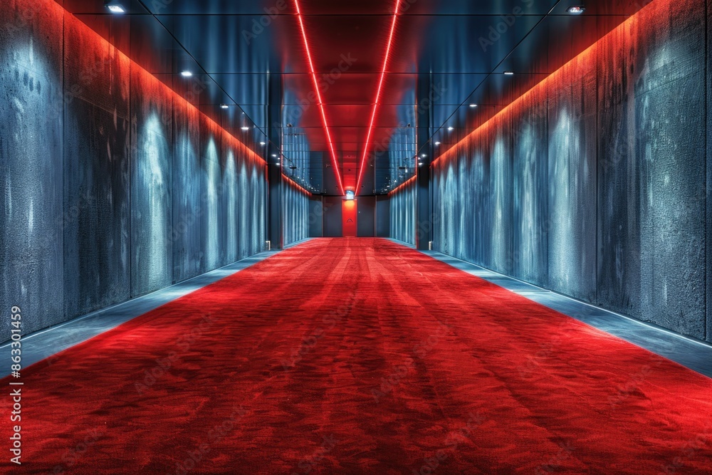 Poster a long red carpeted hallway leads to a red light, ideal for use in images about traffic signals, roa