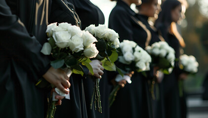 People in black clothes with white rose flowers outdoors, closeup. Funeral ceremony