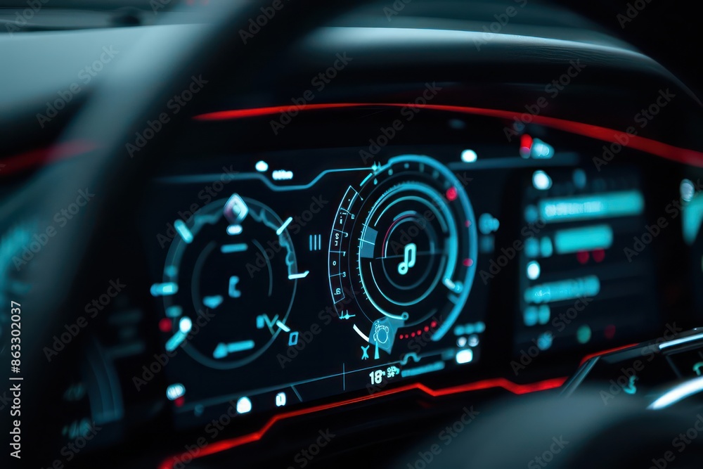Poster closeup of a holographic navigation display inside an autonomous vehicle, with copy space