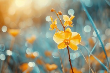 A close-up view of a bright yellow flower growing in a lush green field