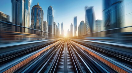 Fototapeta premium A dynamic, futuristic cityscape featuring high-rise buildings and a sleek, fast-moving railway, capturing the essence of urban innovation and speed.
