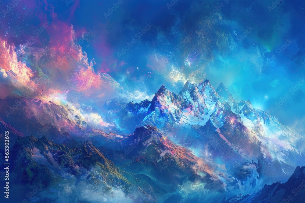 Poster a scenic view of a mountain range with fluffy white clouds in the sky, suitable for travel or nature
