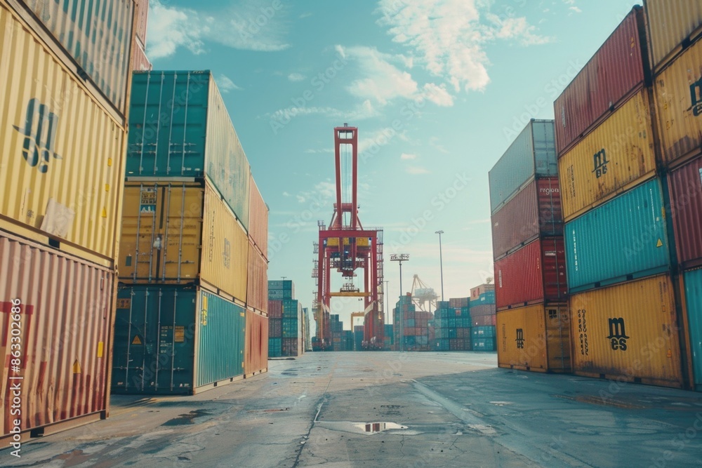Poster industrial scene with cargo containers and a crane in the background, suitable for use in corporate 
