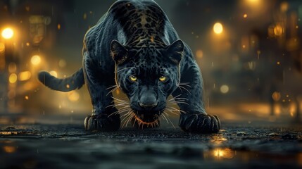 A panther with piercing eyes is depicted in a front view against a dark, dimly lit background. The image radiates a sense of suspense and mystery.