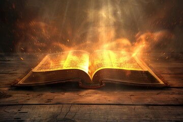 An open book with flames licking at the pages, possibly used for dramatic or mystical purposes