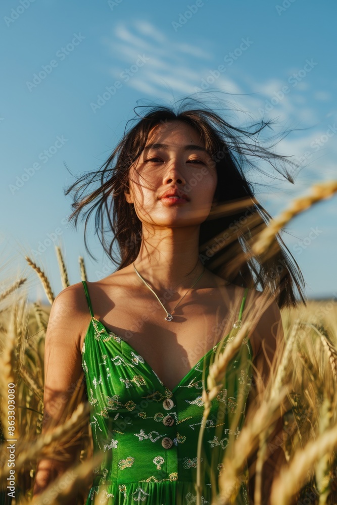 Poster a woman wearing a green dress stands in a wheat field, suitable for use as a background or in editor