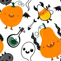 Halloween pumpkins seamless ghost monsters pattern for wrapping paper and fabric