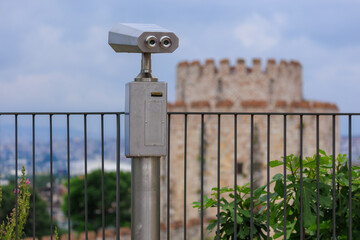 Observation deck and binoculars for viewing the sea and the city of Istanbul in a public place